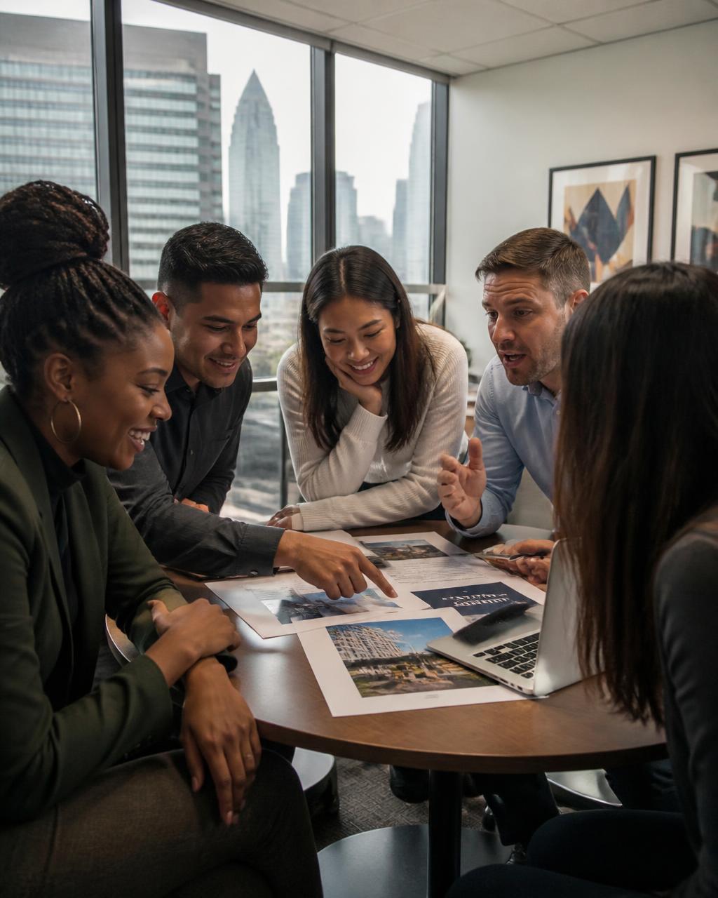 Members of the QueenCity Group hiring team reviewing candidates together at a table in the Charlotte office