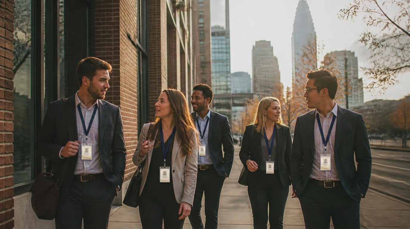 A team of young professionals walking together on a Charlotte sidewalk