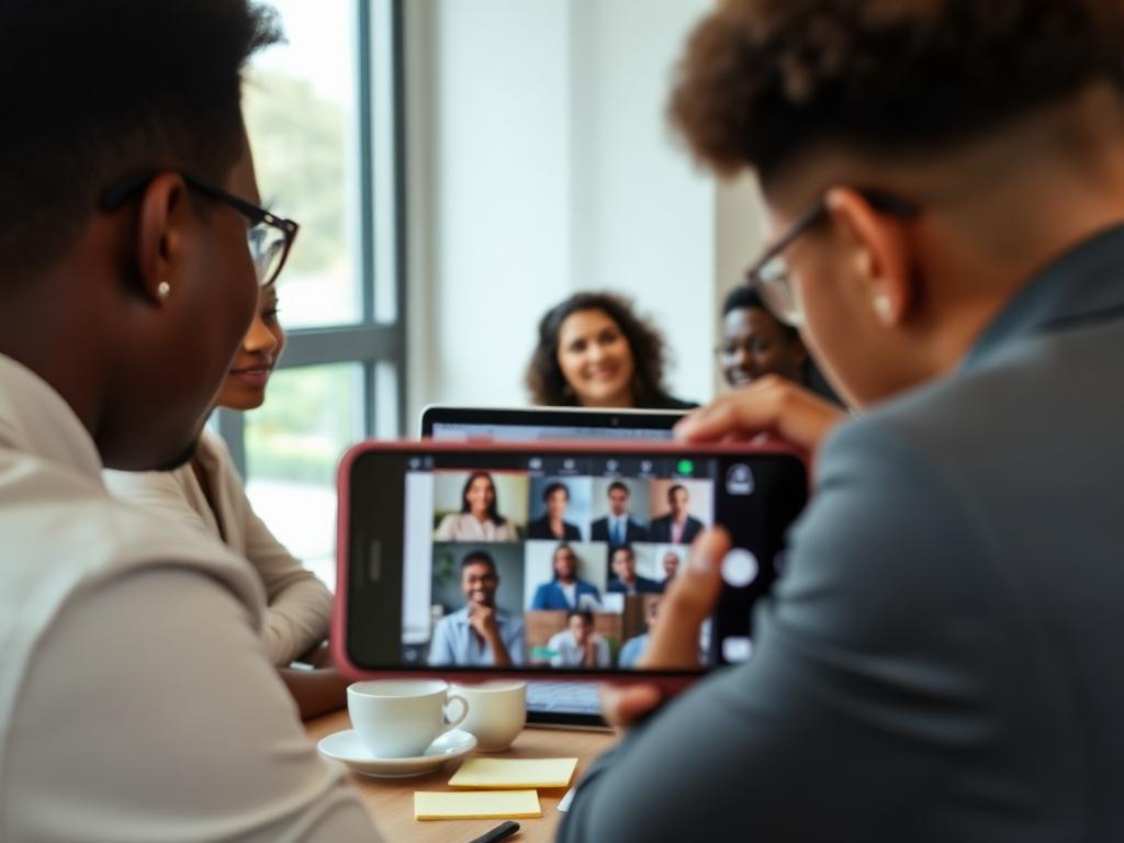 Team on a conference call with remote colleagues, phone held up to capture the screen