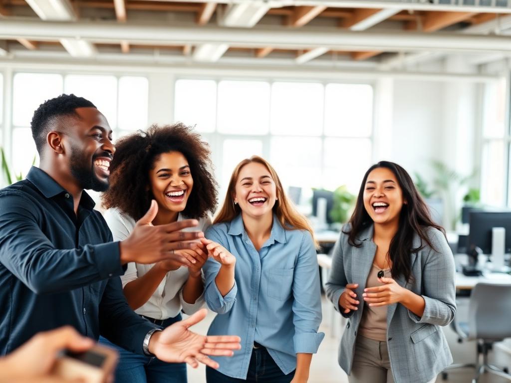 Team laughing while playing an in-office team bonding game