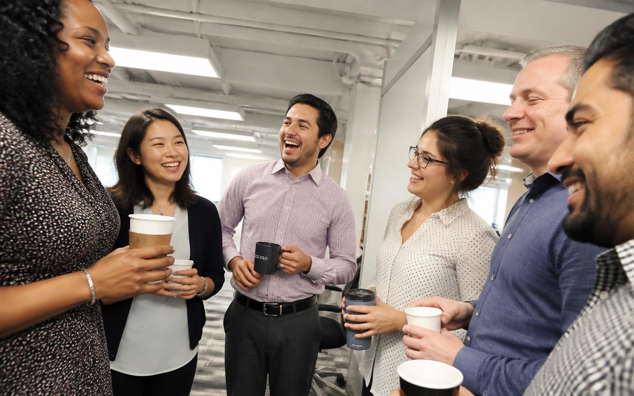 Team standing in a morning huddle, coffee in hand, before the day starts