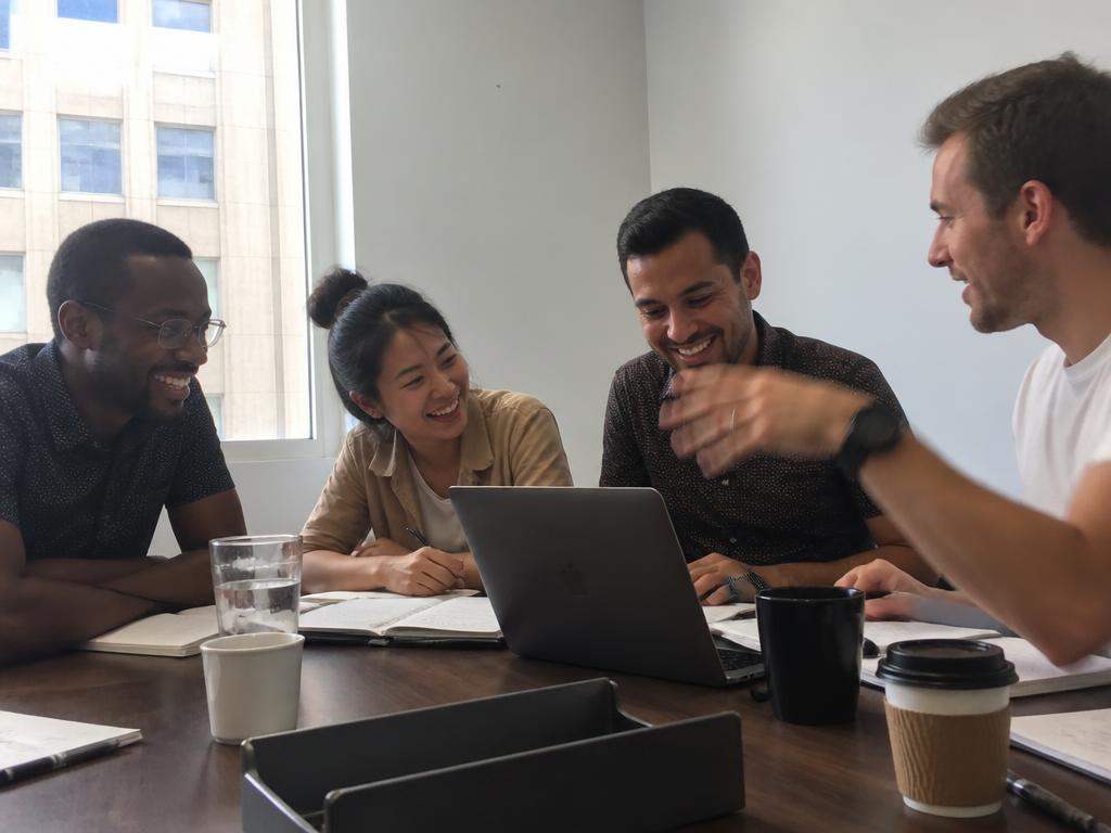 Team around the conference table mid-meeting, laughing over a laptop