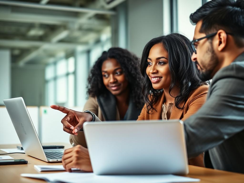 A mentor pointing at a laptop screen while a colleague follows along
