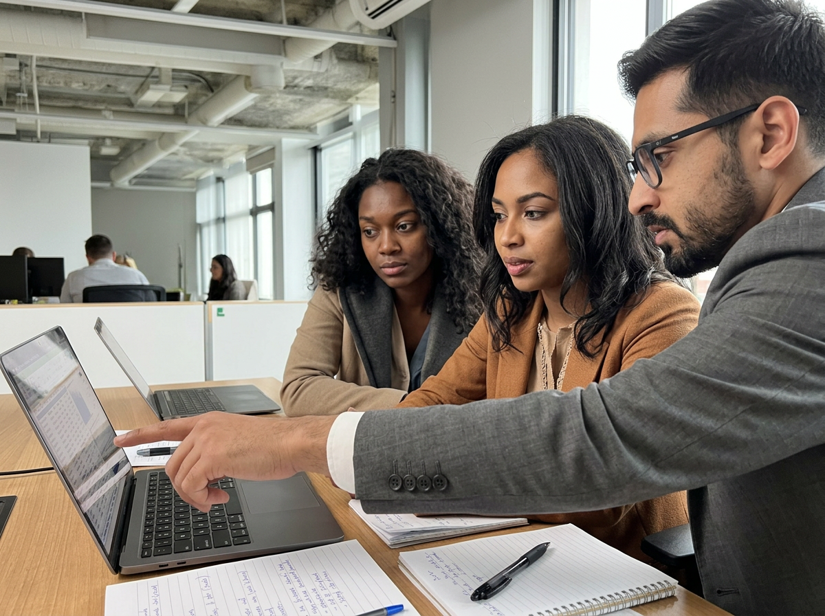 A mentor pointing at a laptop screen while a colleague follows along