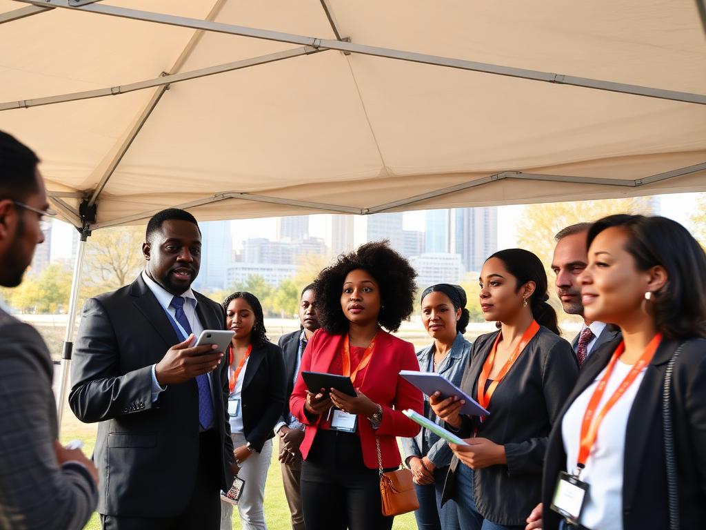 Team gathered under a canopy at an outdoor training pop-up in Charlotte