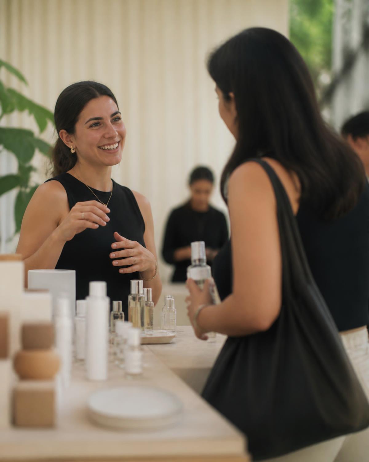 A brand representative in conversation with a customer at a retail activation
