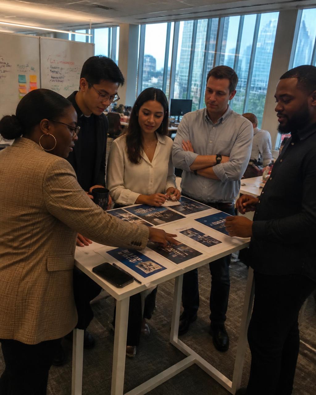 Team members reviewing campaign materials together before the day starts